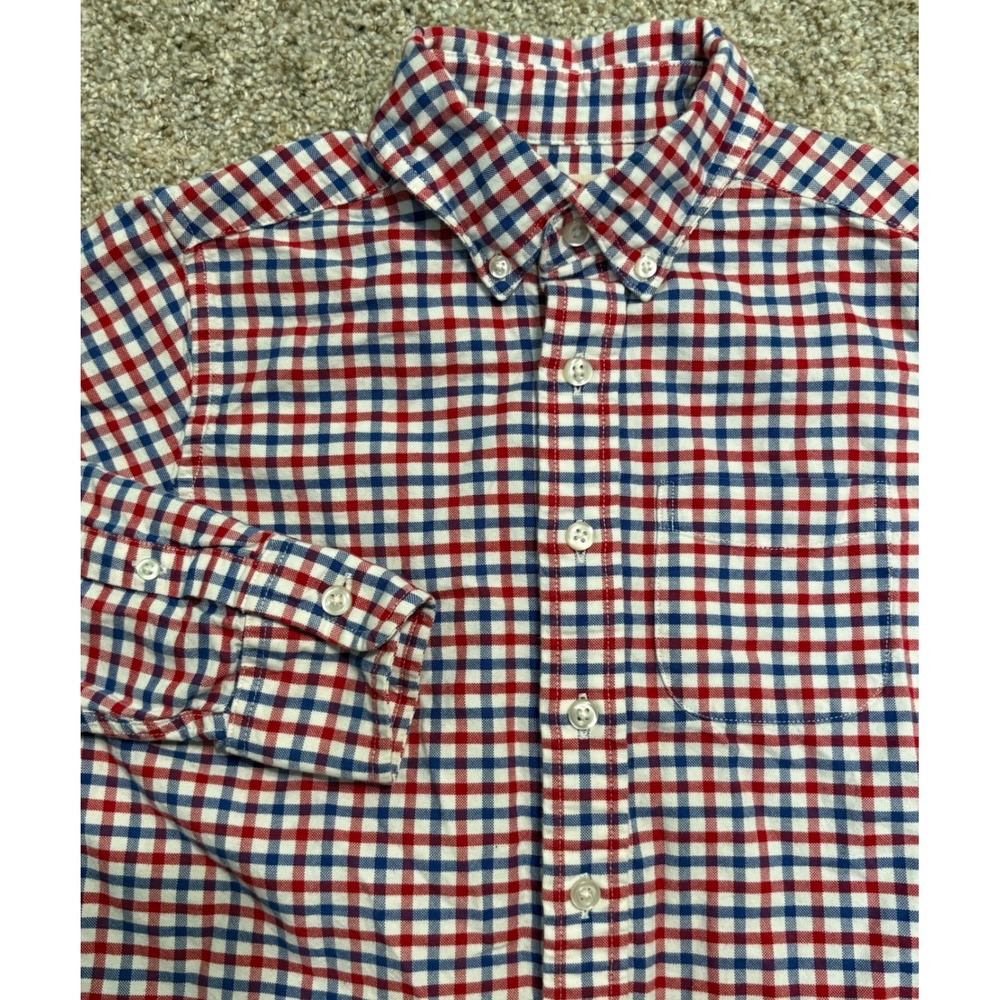 Lands' End Button Down Boys S 8 Red White Blue Gingham Plaid Long Sleeve Shirt